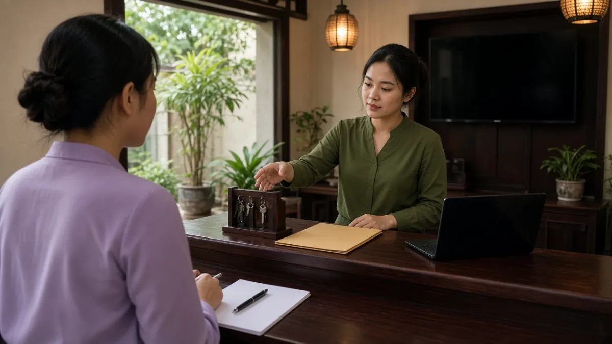 Hai nhân viên lễ tân trao đổi bàn giao ca tại quầy, thể hiện vận hành khách sạn liền mạch và chuyên nghiệp.