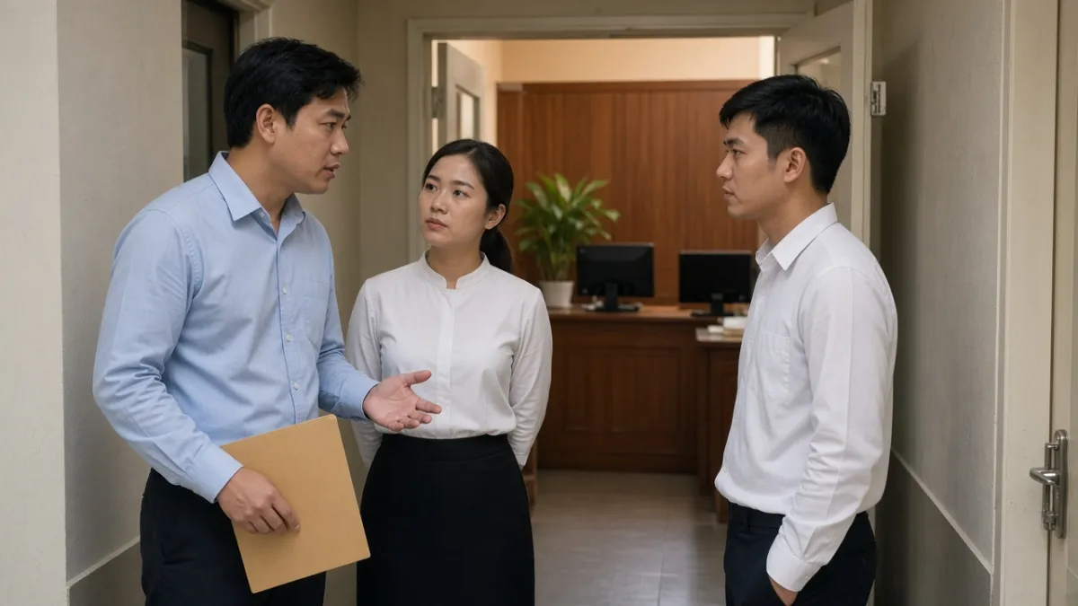 Ca trưởng lễ tân hướng dẫn đồng nghiệp trước ca làm việc tại hành lang khu vực lễ tân khách sạn.