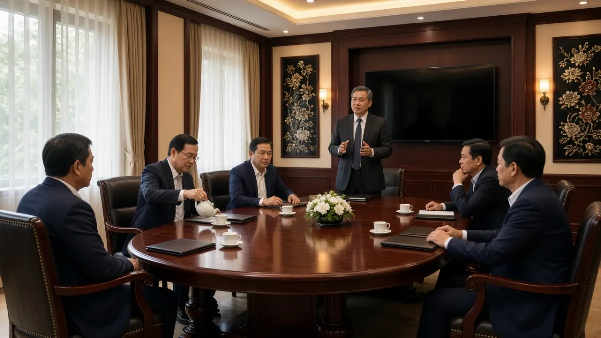 Giám đốc khách sạn chủ trì cuộc họp với các trưởng bộ phận trong phòng điều hành sang trọng.
