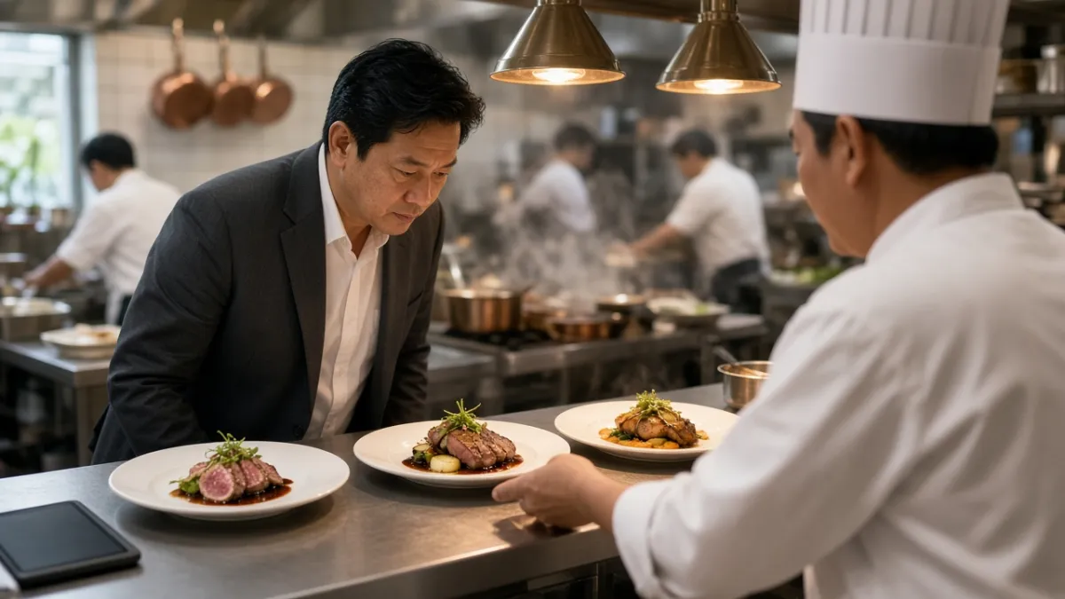 Giám đốc F&B kiểm tra chất lượng món ăn trên quầy bếp cùng đầu bếp trong bếp khách sạn.