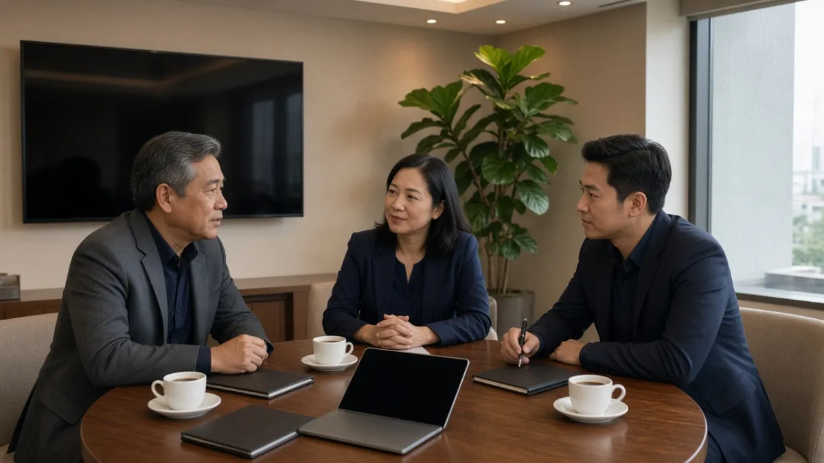 Ba quản lý khách sạn trao đổi chiến lược quanh bàn họp nội bộ, thể hiện đội ngũ lãnh đạo nghiệp vụ.