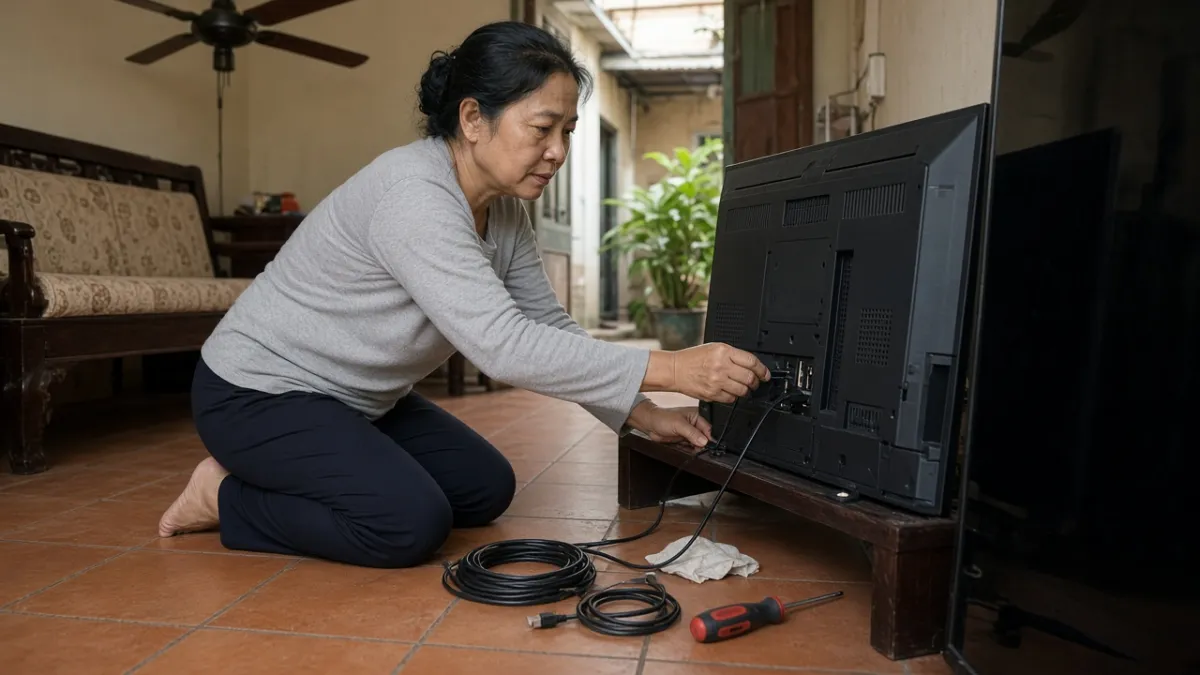 Người bán quỳ kiểm tra cổng cáp và mặt sau tivi cũ trong phòng khách trước khi thương lượng giá.