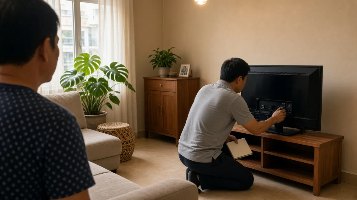 Nhân viên kỹ thuật kiểm tra cổng kết nối mặt sau tivi cũ tại phòng khách nhà khách khi thu mua tận nơi.