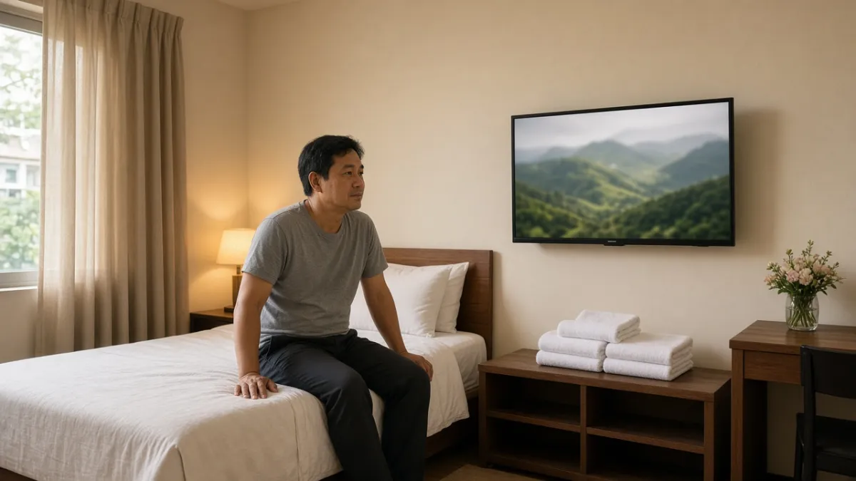 Khách thư giãn trên giường trong phòng gọn gàng, khăn xếp cẩn thận và TV treo tường tạo cảm giác thoải mái như ở nhà.