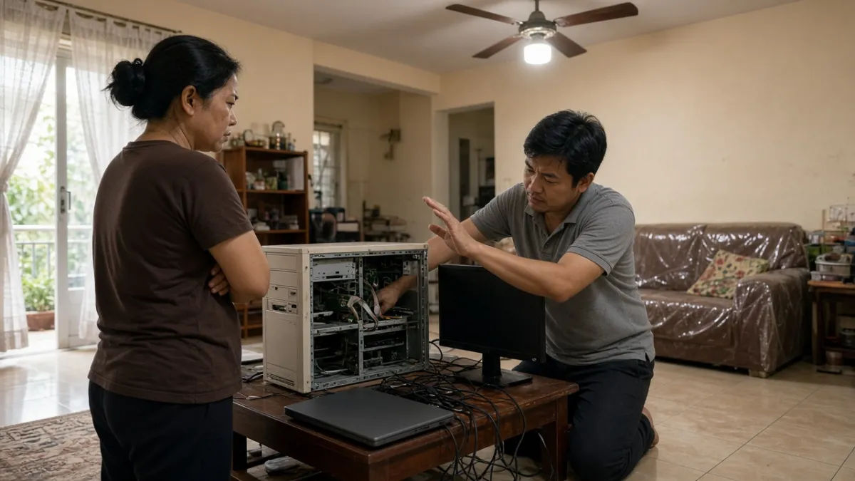 Người bán lo lắng khi nhân viên thu mua khảo sát máy tính cũ tại nhà và ra dấu chê tình trạng để ép giá.