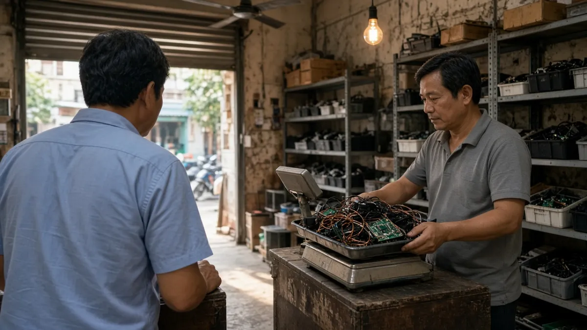 Người bán theo dõi trực tiếp việc cân phế liệu điện tử tại quầy thu mua đồ cũ.