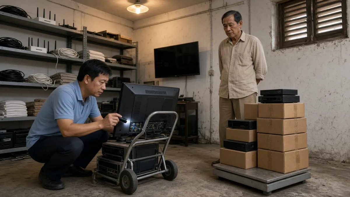 Nhân viên thu mua kiểm tra tivi cũ tại kho khách sạn, chủ cơ sở đứng cạnh cân để chứng kiến quy trình minh bạch.