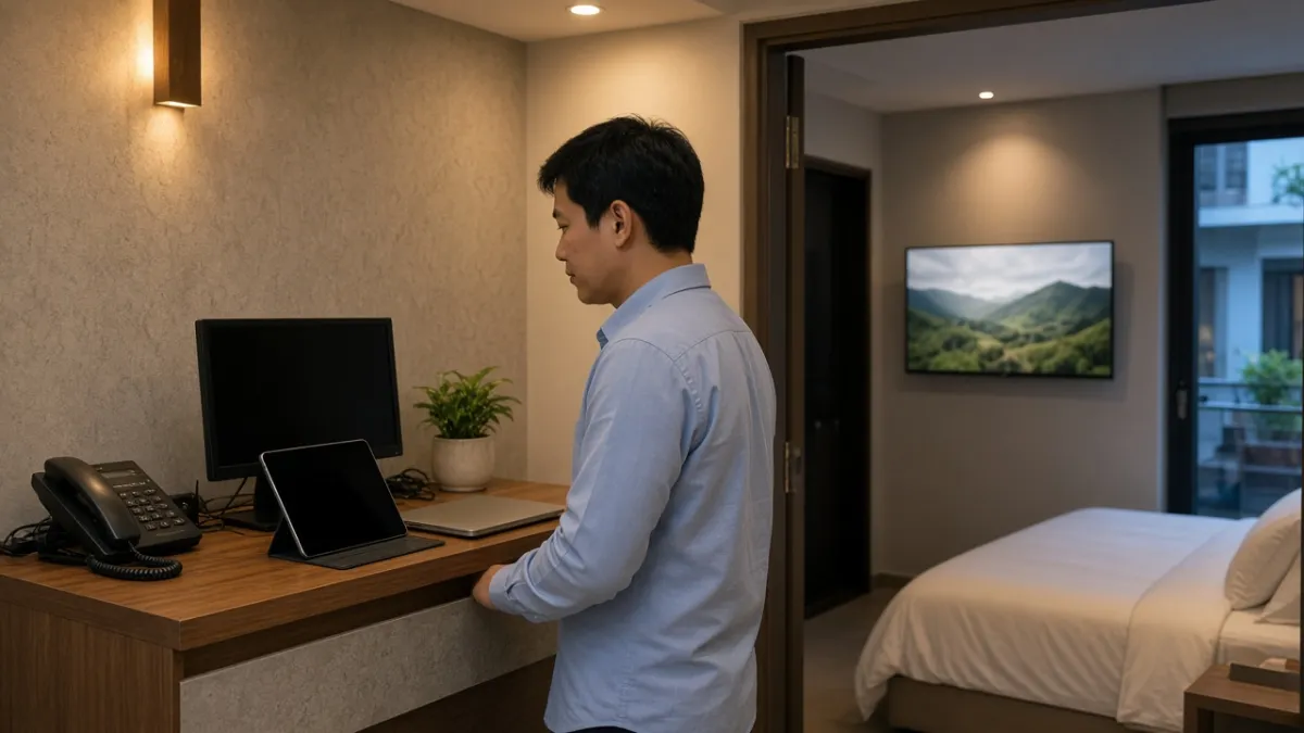 Nhân viên khách sạn tại bàn làm việc cạnh phòng có TV treo tường, thể hiện vận hành tích hợp và chăm sóc khách.