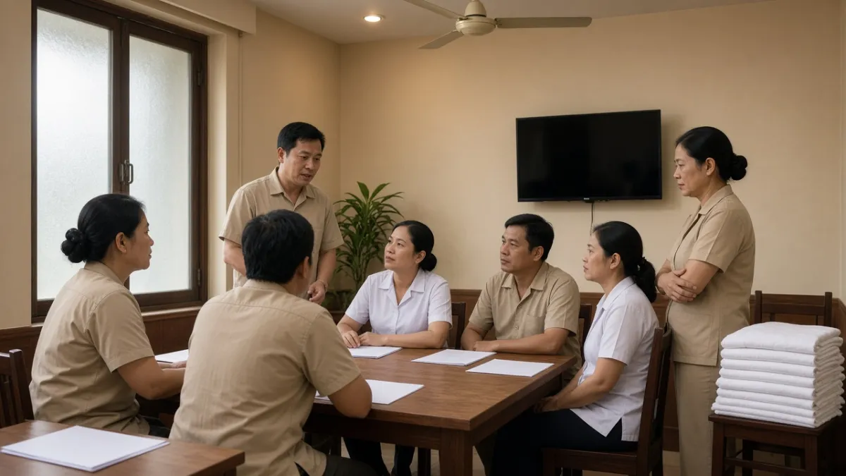 Nhân viên khách sạn họp phối hợp ca trong phòng nội bộ, thể hiện tổ chức đội ngũ làm nền vận hành dịch vụ.