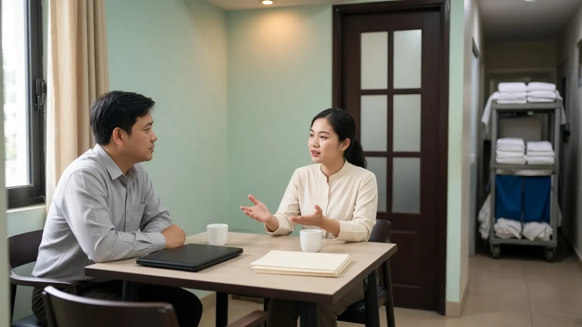 Nhân sự khách sạn phỏng vấn ứng viên tại phòng họp nhân viên, trao đổi thái độ phục vụ khi tuyển dụng.