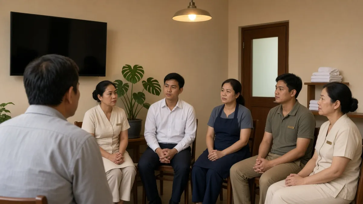 Nhân viên nhiều bộ phận khách sạn trao đổi trong khu nghỉ nhân viên, thể hiện chiến lược phát triển đội ngũ.