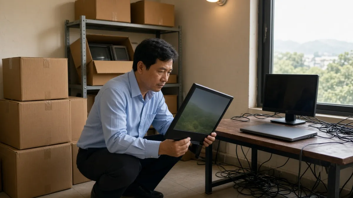 Người đàn ông tự kiểm tra vỏ và bật thử màn hình cũ, cạnh laptop và màn hình tắt trong phòng kho.