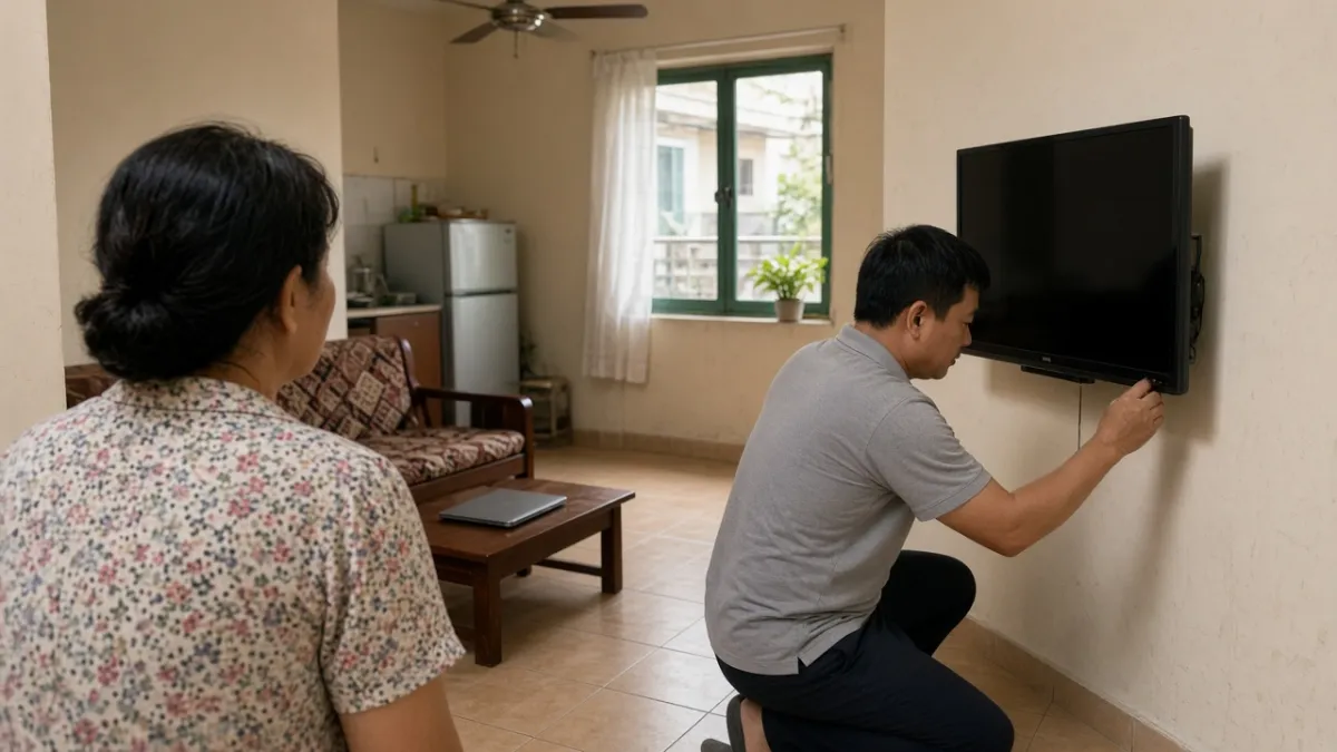 Kỹ thuật viên quỳ kiểm tra tivi treo tường trong phòng khách khi chủ nhà theo dõi, minh họa khảo sát thu mua điện tử cũ.