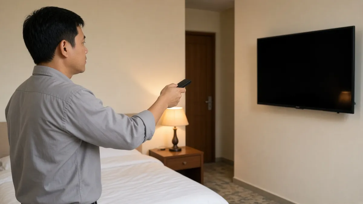 Nhân viên kỹ thuật chỉnh TV treo tường bằng remote trong phòng khách sạn, gần vách phòng liền kề.