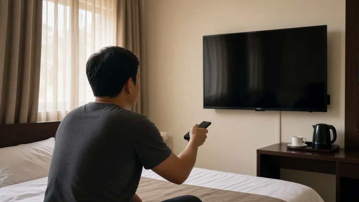 Khách dùng remote bật TV treo tường trong phòng khách sạn, màn hình đen bóng ngay khi khởi động.
