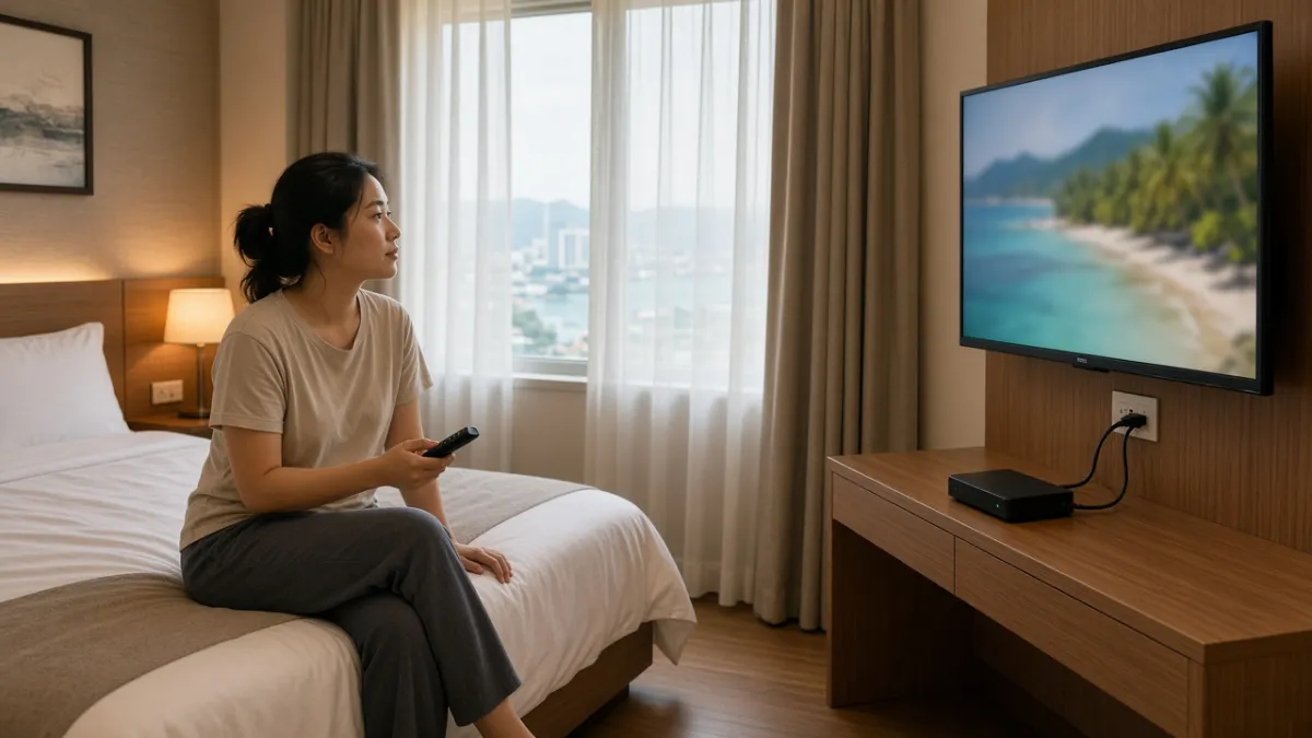 Khách dùng remote xem TV trong phòng khách sạn, set-top box kết nối mạng LAN qua cáp ethernet.