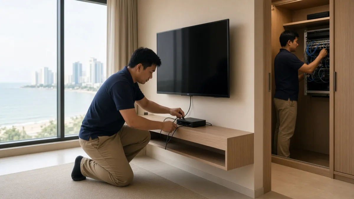 Kỹ thuật viên lắp đặt tivi và set-top box IPTV, kết nối mạng trong phòng khách sạn hiện đại tại Đà Nẵng.