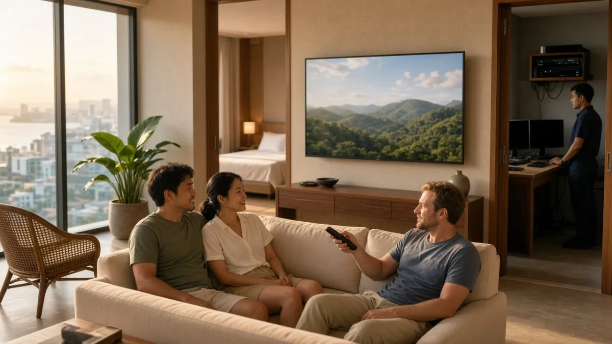 Khách đa quốc tịch thư giãn trước TV trong phòng suite khách sạn, nhân viên quản lý nội dung IPTV tại phòng kỹ thuật.