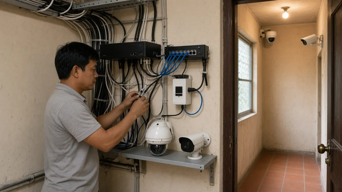 Kỹ thuật viên chỉnh cáp tại tủ thiết bị có đầu ghi, cáp đồng trục, switch mạng và camera dome, bullet.
