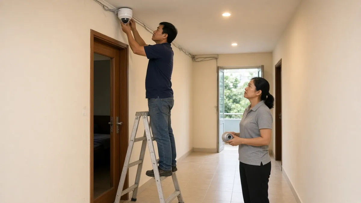 Kỹ thuật viên lắp camera an ninh dạng dome trên trần hành lang nhà nghỉ, nhân viên hỗ trợ lắp đặt tận nơi.