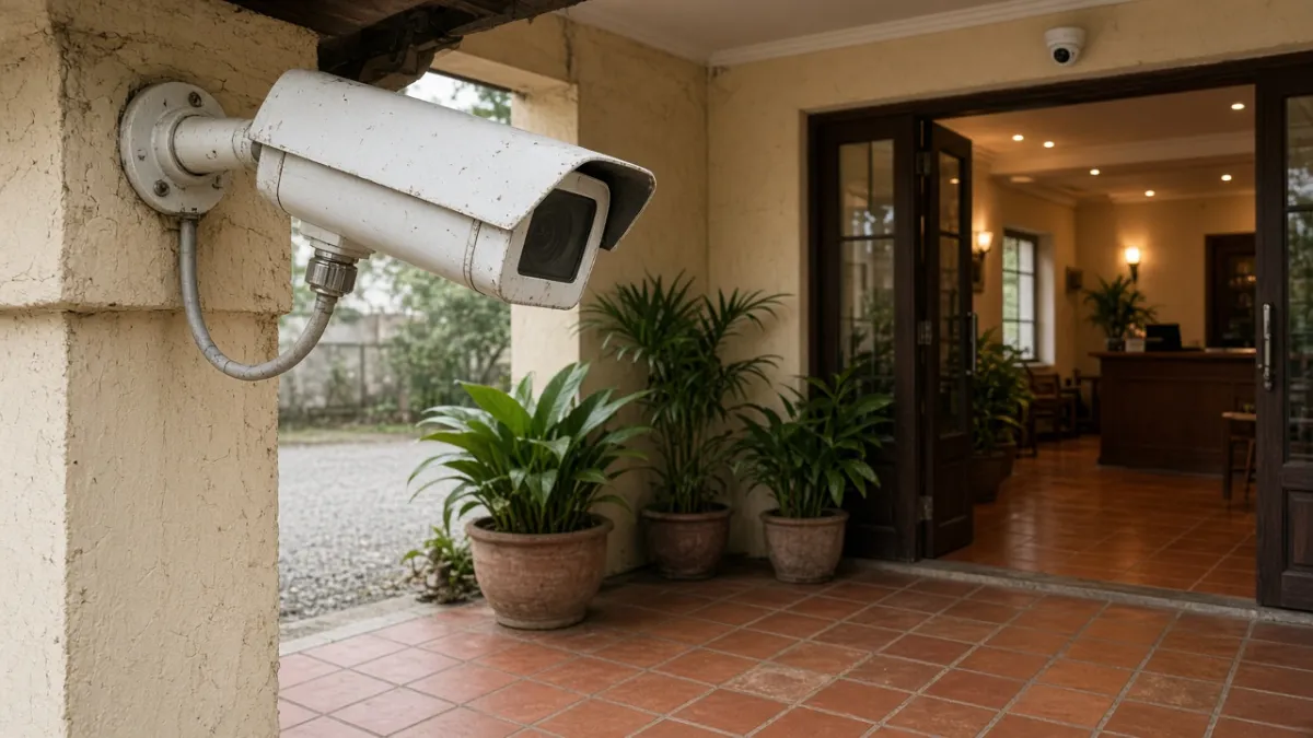 Camera thân dài gắn ngoài hiên và camera dome trên trần sảnh khách sạn nhỏ, minh họa lựa chọn trong và ngoài trời.