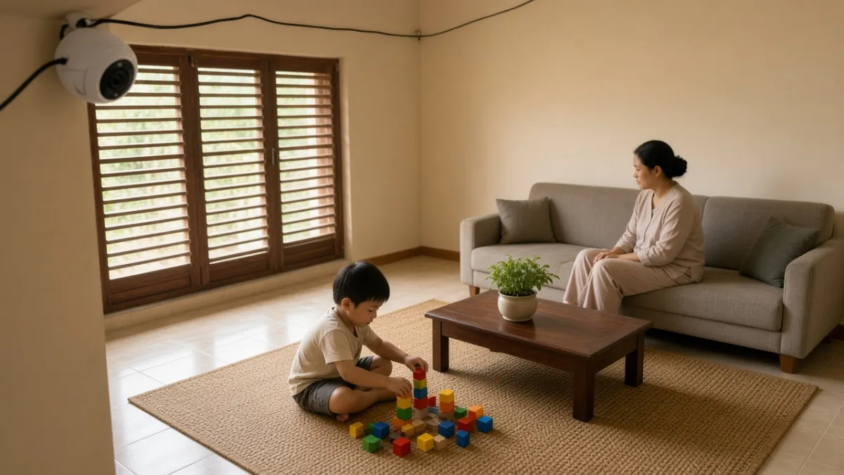 Camera wifi gắn góc trần phòng khách, quan sát mẹ ngồi sofa và bé chơi khối gỗ dưới ánh sáng ấm.