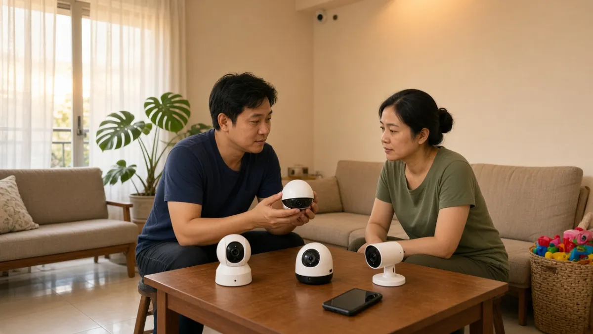 Vợ chồng trẻ ngồi bàn phòng khách, so sánh vài mẫu camera wifi trong nhà trước khi lắp góc trần.