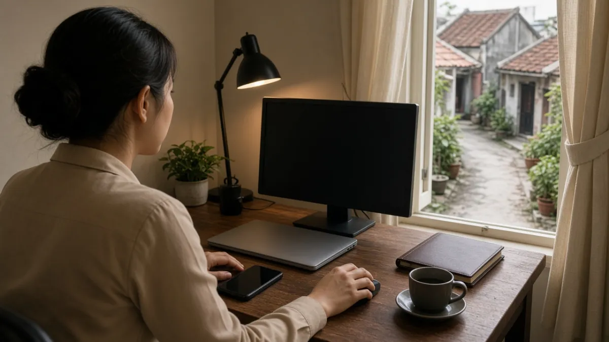 Nhân viên khách sạn tại phòng hành chính với máy tính và điện thoại, cân bằng OTA và đặt phòng trực tiếp.
