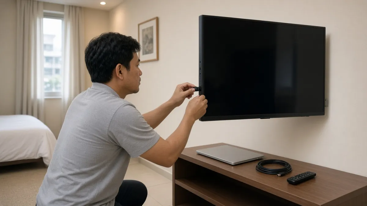 Nhân viên khách sạn cắm USB vào cổng TV treo tường trong phòng nghỉ để cập nhật firmware.