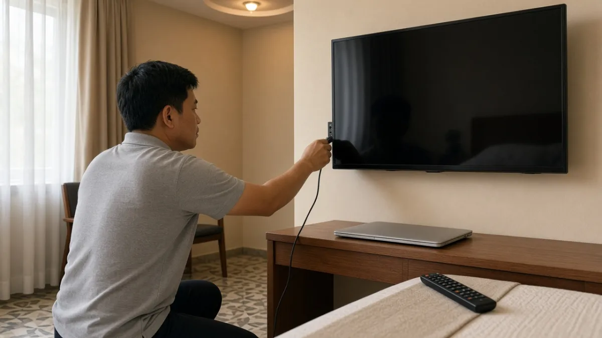 Nhân viên kỹ thuật khách sạn cắm cáp HDMI từ laptop vào TV treo tường để kiểm tra sau cập nhật firmware.