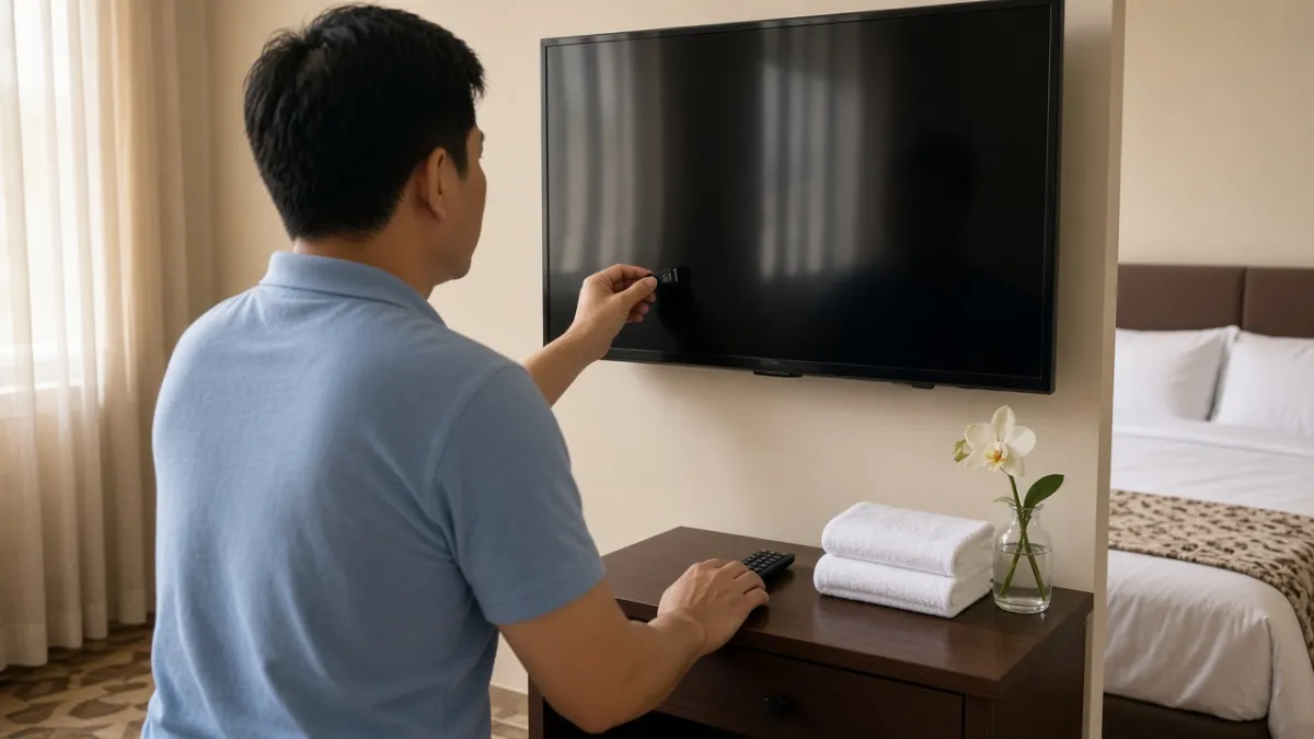Nhân viên kỹ thuật rút USB sau khi cập nhật firmware TV treo tường trong phòng khách sạn gọn gàng.