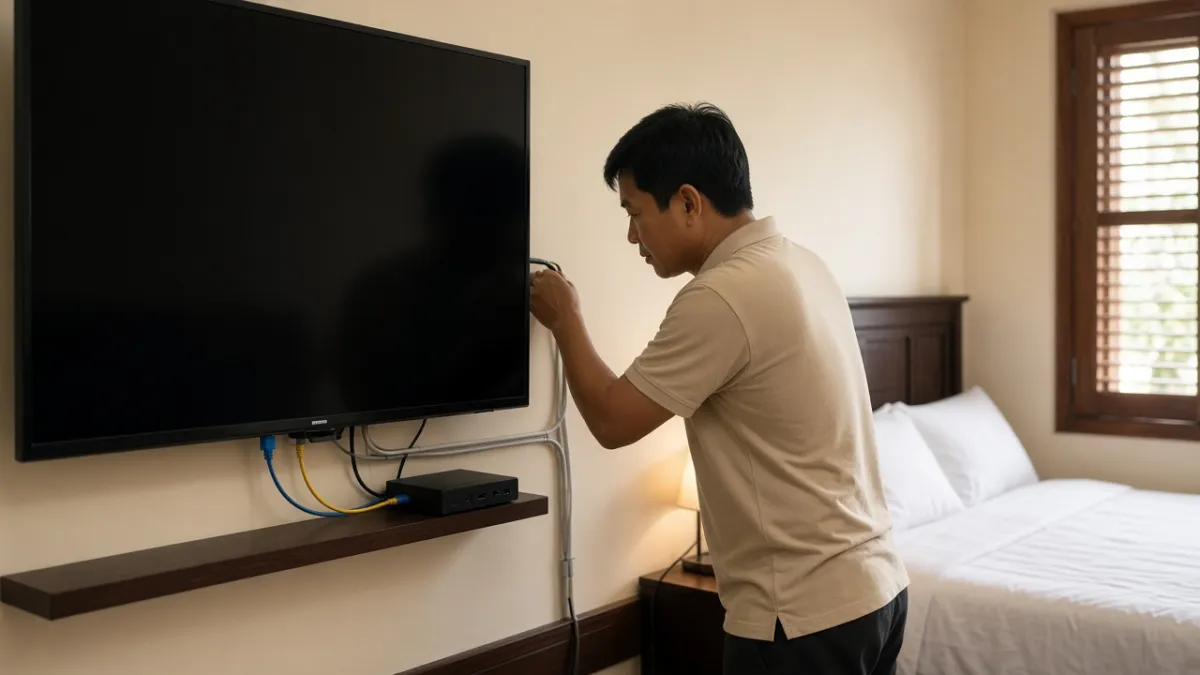 Kỹ thuật viên kiểm tra dây cáp phía sau TV treo tường trong phòng khách sạn để chuẩn bị hệ thống IPTV.