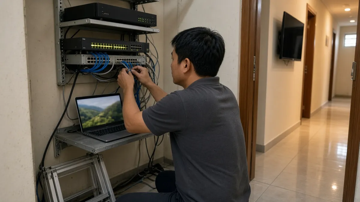 Kỹ thuật viên cấu hình tủ rack IPTV trong hành lang khách sạn, nối cáp mạng cạnh laptop, TV treo tường tắt phía sau.