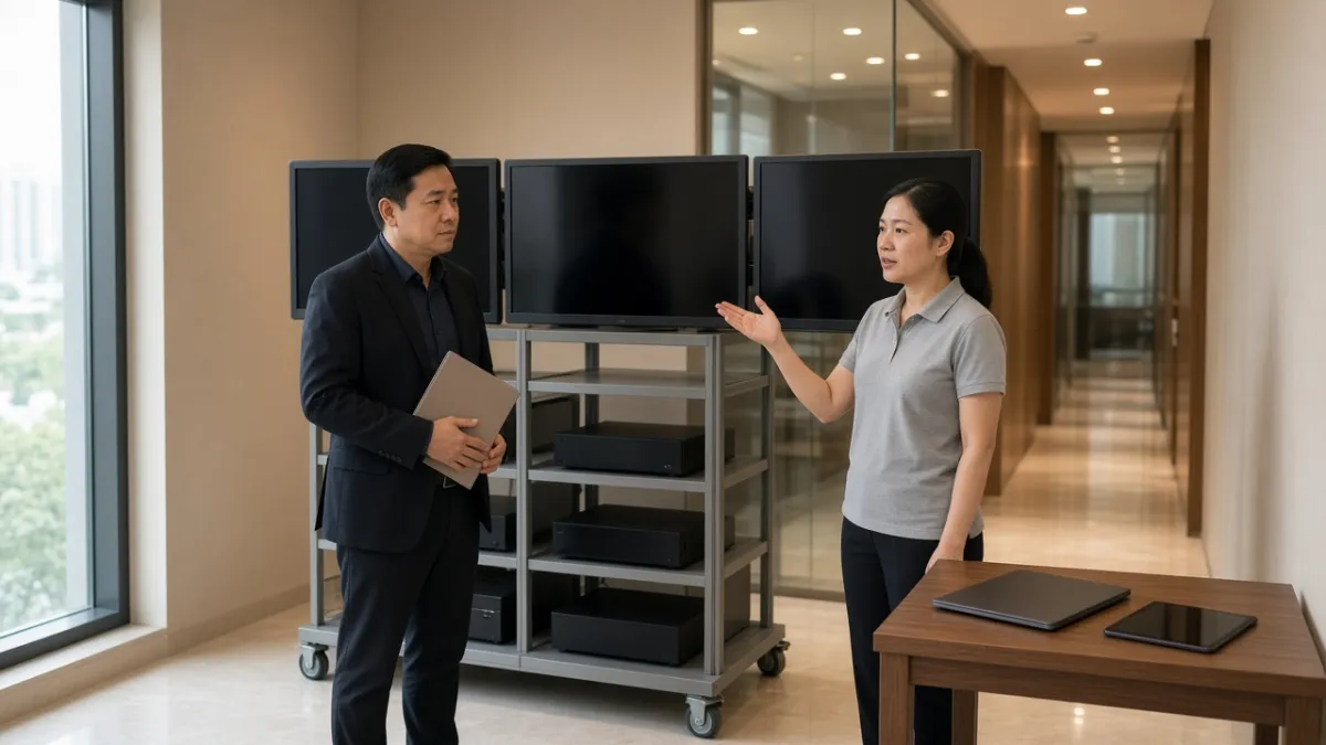 Quản lý khách sạn trao đổi với đơn vị thi công về kinh nghiệm nền tảng TV trước giá nhiều mẫu màn hình.