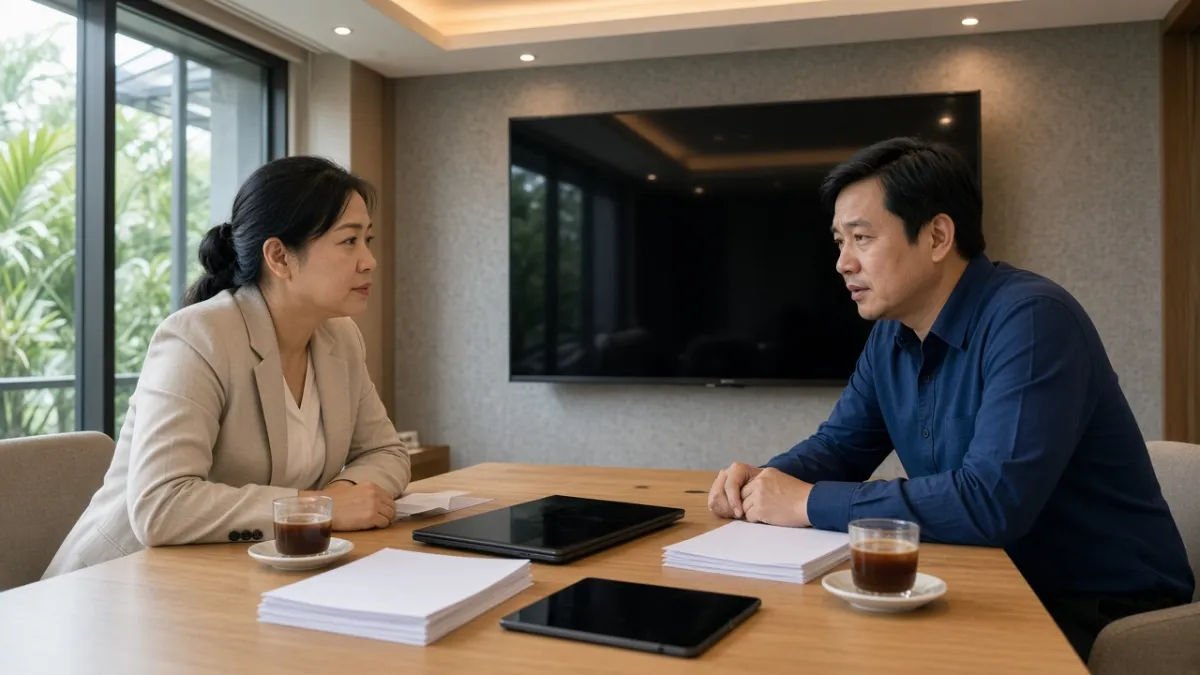 Quản lý khách sạn và chuyên viên kỹ thuật trao đổi về giải pháp Hotel TV trong phòng họp khách sạn.