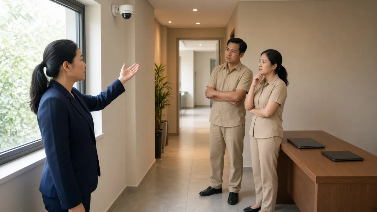 Quản lý khách sạn hướng dẫn nhân viên vị trí camera và ánh sáng khi triển khai chấm công khuôn mặt.