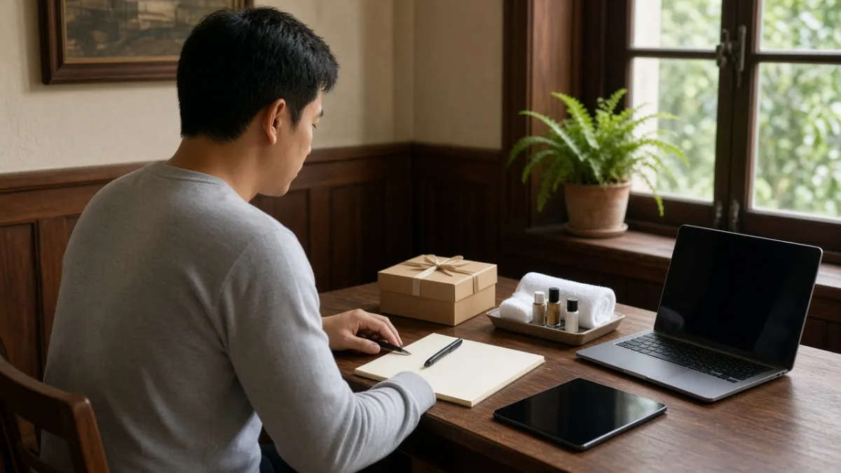 Nhân viên khách sạn chuẩn bị quà tri ân và mẫu tiện nghi tại bàn làm việc có laptop, gợi ý chiến dịch email chăm sóc.