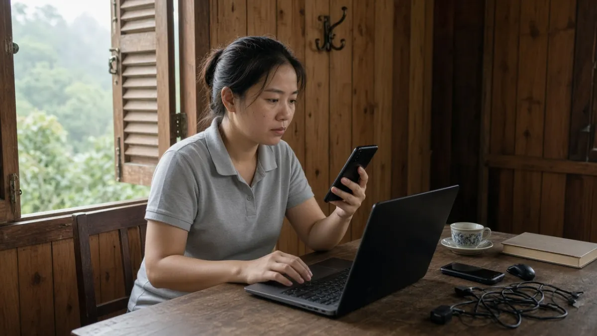 Nhân viên lễ tân homestay căng thẳng giữa điện thoại và laptop, gợi ý lỗi chăm sóc khách qua email và Zalo.