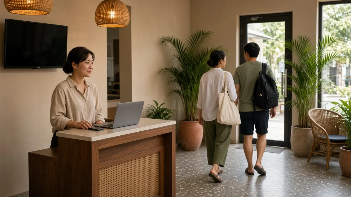 Nhân viên lễ tân đặt điện thoại xuống bàn, vẫy chào khách rời sảnh sau khi chăm sóc qua kênh số.
