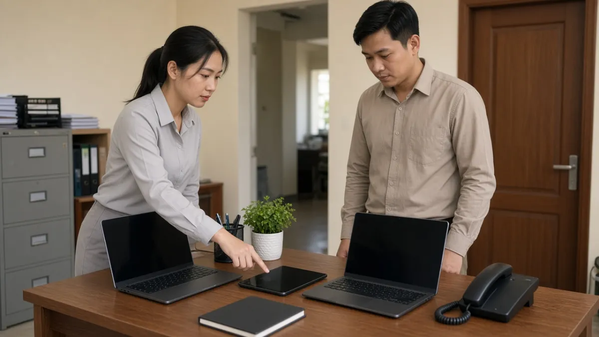 Hai nhân viên khách sạn trao đổi tại bàn làm việc với laptop và máy tính bảng khi triển khai quản lý kênh.