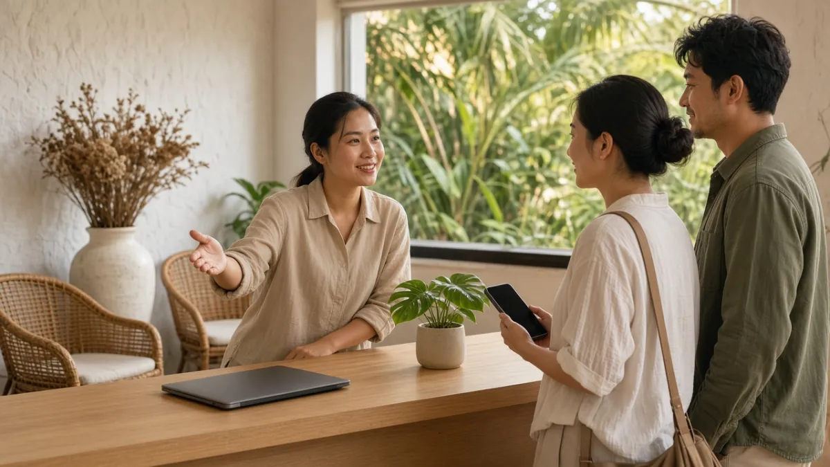 Nhân viên homestay Đà Nẵng tiếp khách tại quầy lễ tân, khách cầm điện thoại — giao tiếp qua Facebook.