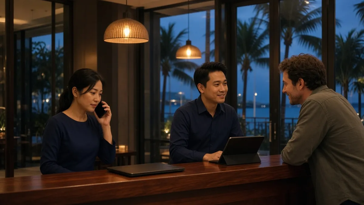 Nhân viên lễ tân khách sạn Đà Nẵng phối hợp hỗ trợ khách buổi tối, thể hiện dịch vụ 24/7 qua nhiều kênh liên lạc.