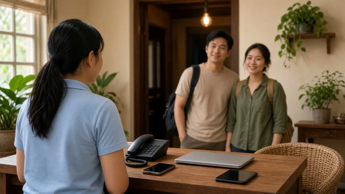 Nhân viên homestay đón khách tại quầy lễ tân, điện thoại bàn và điện thoại di động hỗ trợ liên lạc đa kênh.