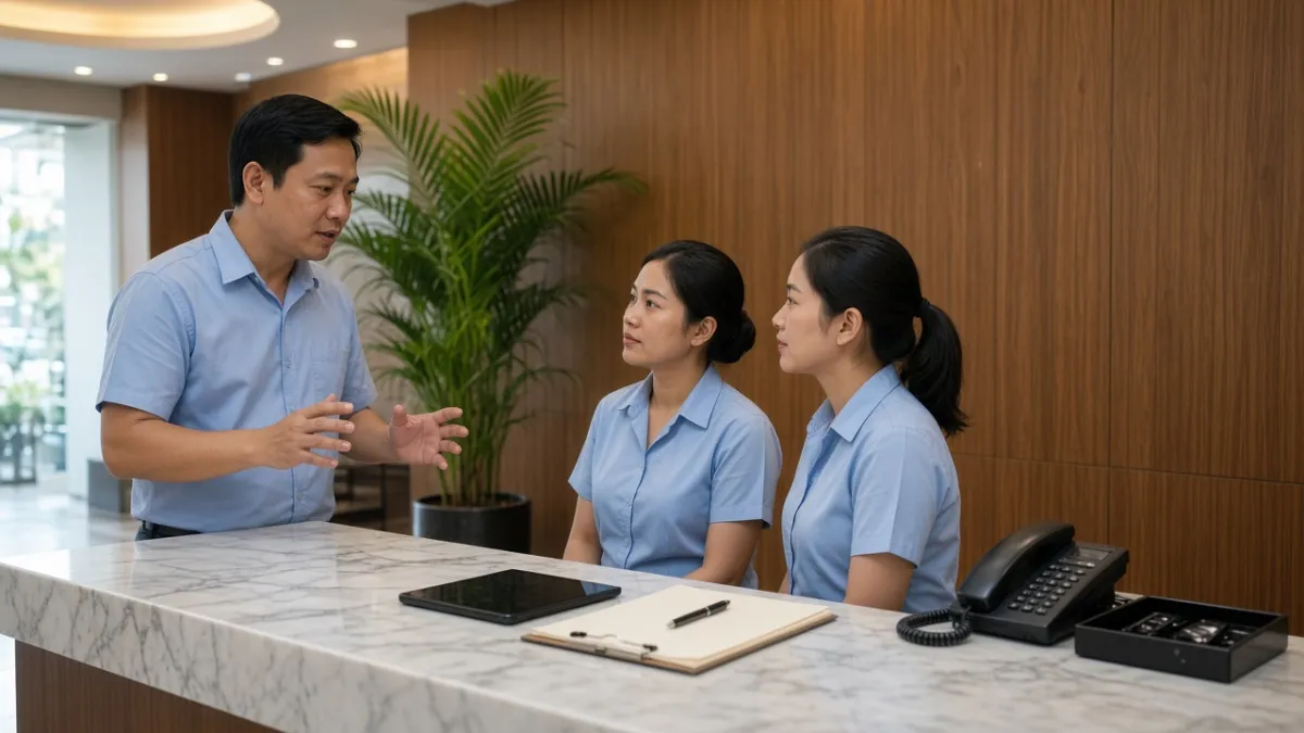 Quản lý ca hướng dẫn nhân viên lễ tân tại quầy, kèm máy tính bảng và bảng kiểm tra giấy.