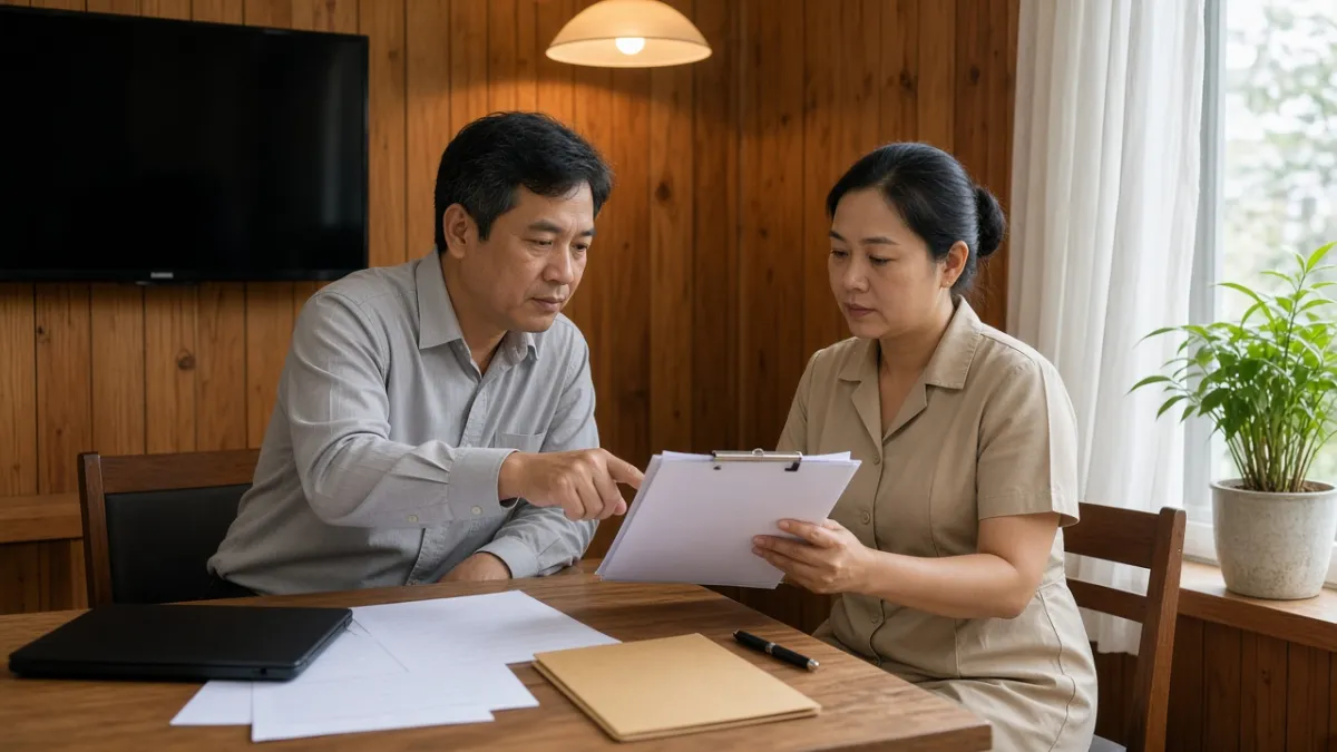 Hai nhân viên khách sạn thảo luận bảng kiểm tra trên bìa kẹp giấy tại bàn làm việc, thể hiện checklist điều hành.