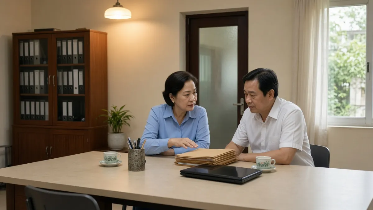 Hai nhân viên khách sạn họp tại phòng hành chính, rà soát hồ sơ tài chính tuần và lập kế hoạch ngân sách.