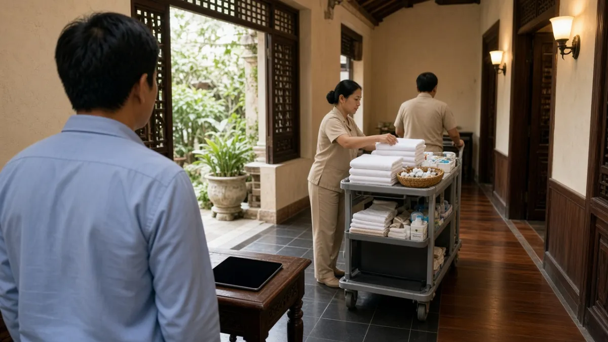 Quản lý giám sát nhân viên buồng phòng sắp xếp khăn và dụng cụ trên hành lang, thể hiện vận hành có tổ chức.