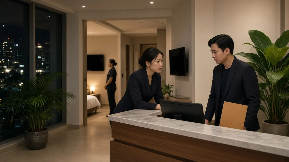 Nhân viên ca đêm tại quầy lễ tân phối hợp kiểm tra TV phòng sau khi khách trả phòng ở khách sạn Việt Nam.