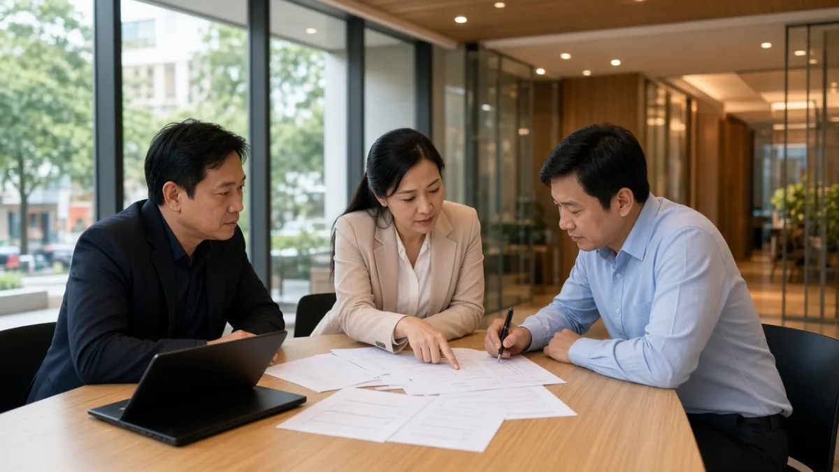 Ba bên họp khởi động trong phòng họp khách sạn, cùng đánh dấu từng mục trên checklist giấy.
