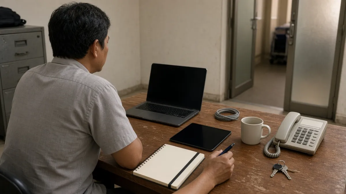 Quản lý khách sạn bàn giao ca sáng với máy tính, máy tính bảng và sổ bàn giao giấy trên bàn làm việc.